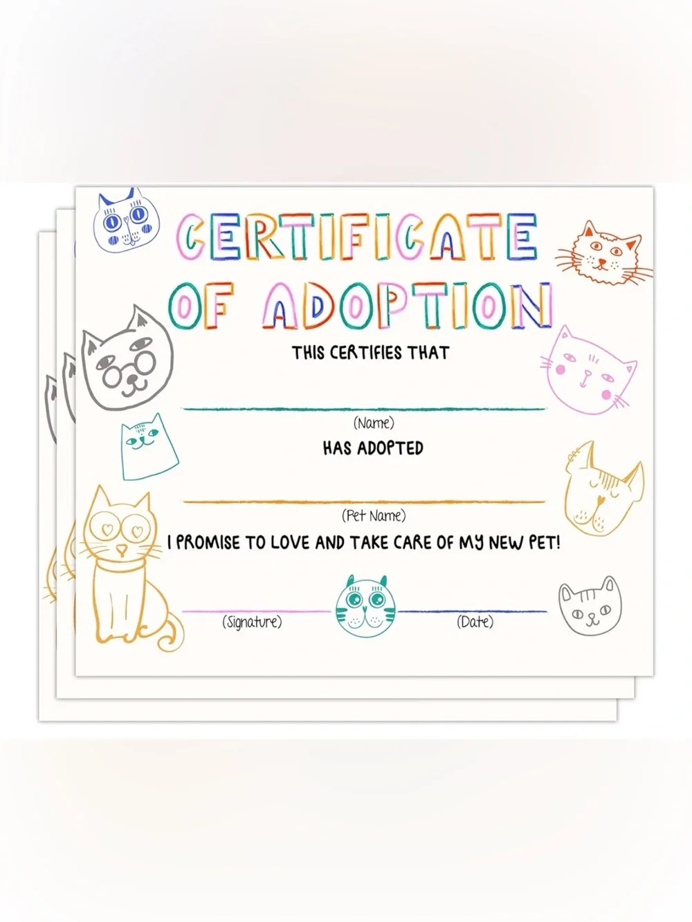 Certificate of Adoption Printable - Colorful Cat Design-Set of 3